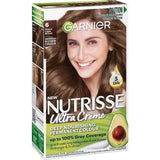 Garnier Nutrisse Hair Colour Acorn 6.0: Rich light brown hair dye for vibrant colour, 100% grey coverage, and deep nourishment.