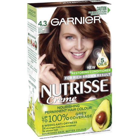 Garnier Nutrisse Hair Colour Cappuccino 4.3 offers rich brown, 100% grey coverage with nourishing oils for vibrant, shiny hair.