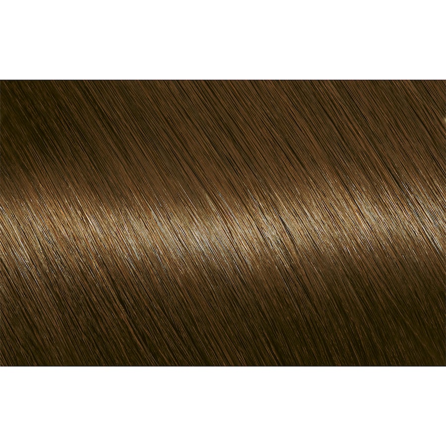 Garnier Nutrisse Cappuccino 4.3 hair colour, offering rich brown shade, 100% grey coverage, and nourishing oils for silky, shiny hair.