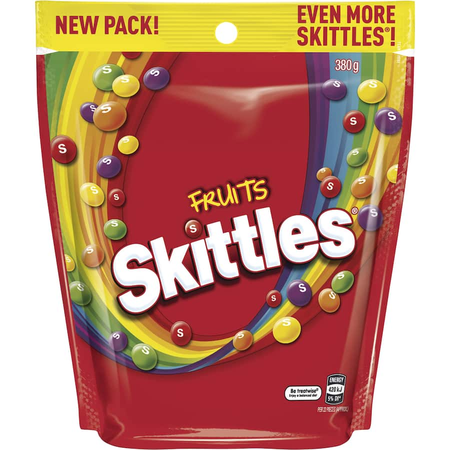 Colorful Skittles Fruits Lollies Jumbo Bag filled with fruity chewy candies in lemon, orange, strawberry, green apple, and grape.