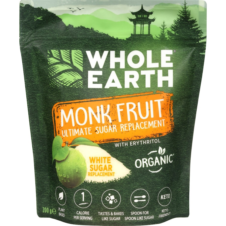 Whole Earth Monk Fruit Sweetener Granules: natural, low-calorie sugar substitute perfect for baking, beverages, and health-conscious diets.