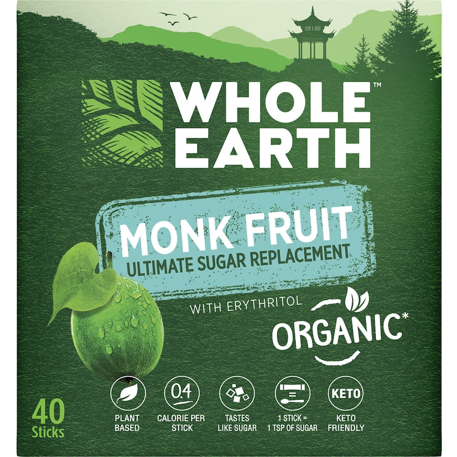 Whole Earth Monk Fruit Sweetener Sticks for guilt-free sweetness in drinks and recipes, perfect for low-sugar or keto lifestyles.