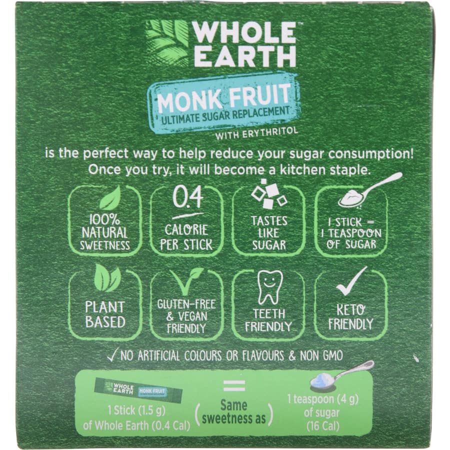 Whole Earth Monk Fruit Sweetener Sticks for guilt-free sweetness, perfect for low-sugar and keto diets, zero calories.