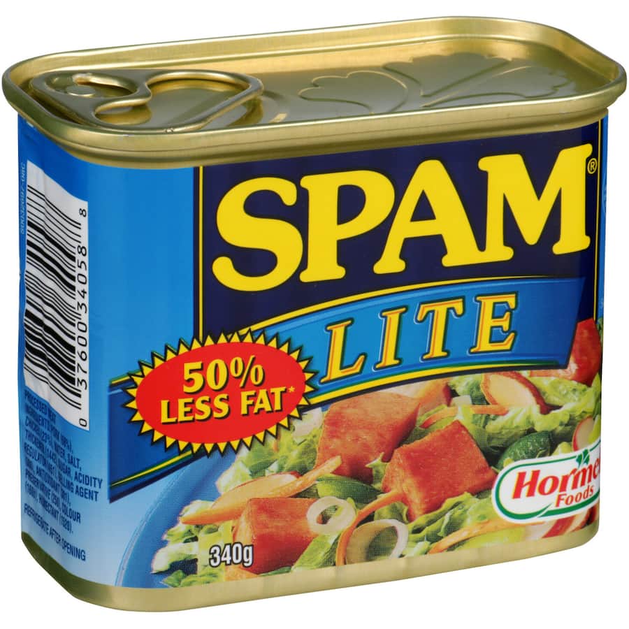 Canned Spam Ham Lite Spiced, perfect for outdoor adventures, featuring a ring pull lid and ready-to-eat convenience.