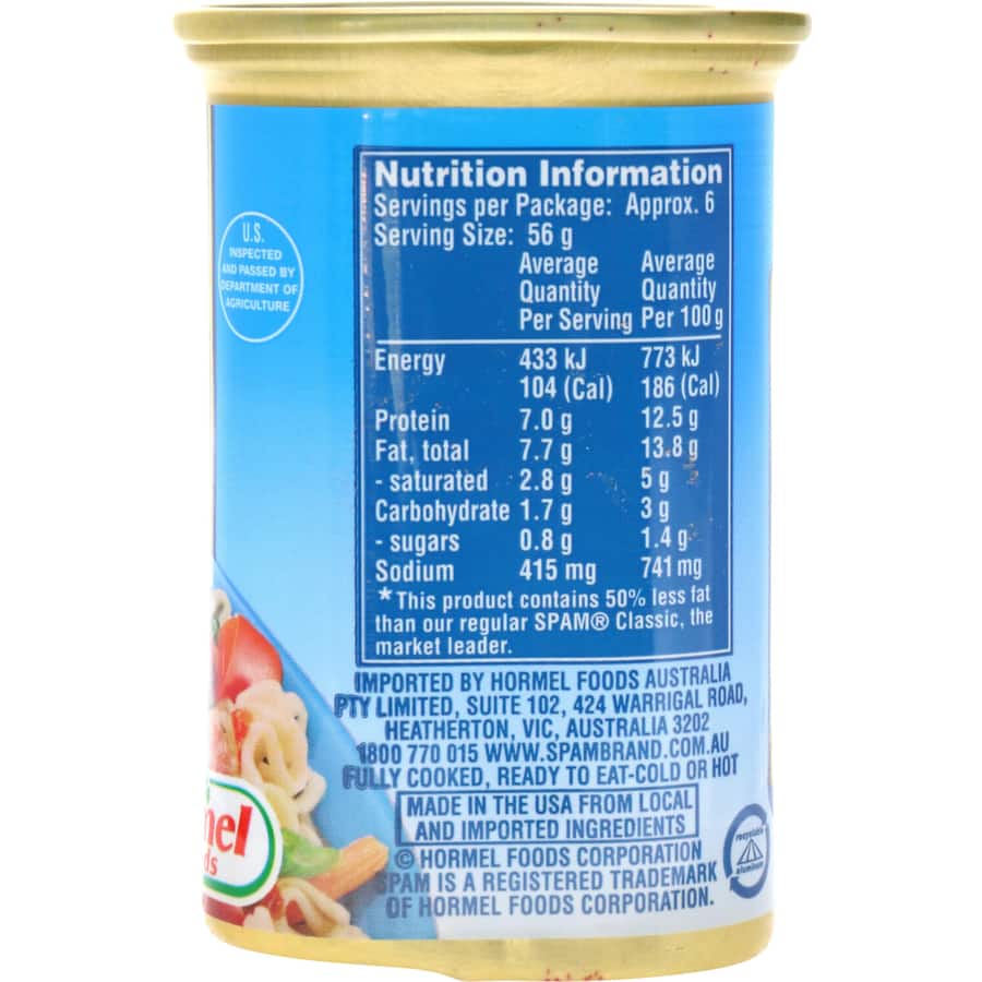 Canned Spam Ham Lite Spiced in portable packaging, perfect for outdoor meals and adventures, ready to eat anytime.