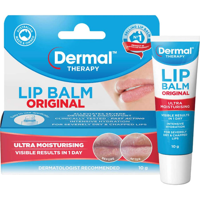 Ultra moisturising Dermal Therapy Lip Balm for severe dryness, providing intense hydration and visible results in one day.