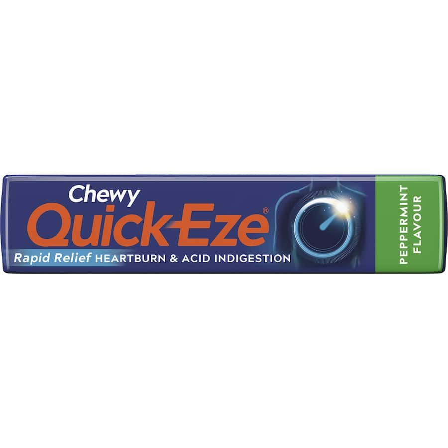 Quickeze Antacid Chewy Peppermint in an 8-pack, offering quick relief from heartburn with a refreshing peppermint flavor.