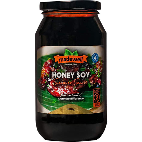 Madewell Meal Base Honey Soy Simmer Sauce, a flavorful blend of honey, soy, and garlic for authentic Asian-inspired dishes.