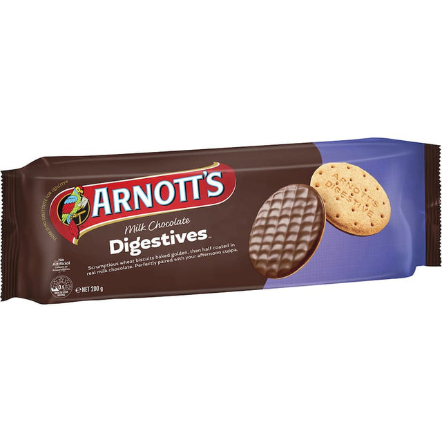 Wheat meal biscuit half coated in smooth milk chocolate, perfect for snacks and afternoon tea.