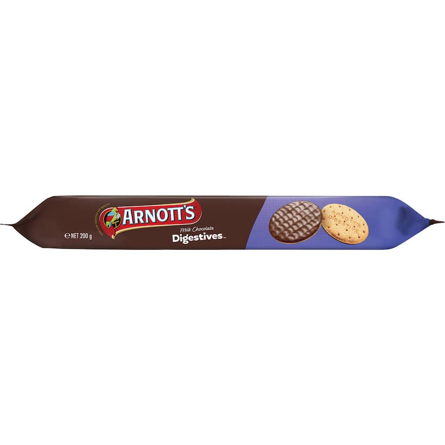 Arnotts Digestives Milk Chocolate Biscuits: crunchy wheat biscuits half-coated in rich, smooth milk chocolate.