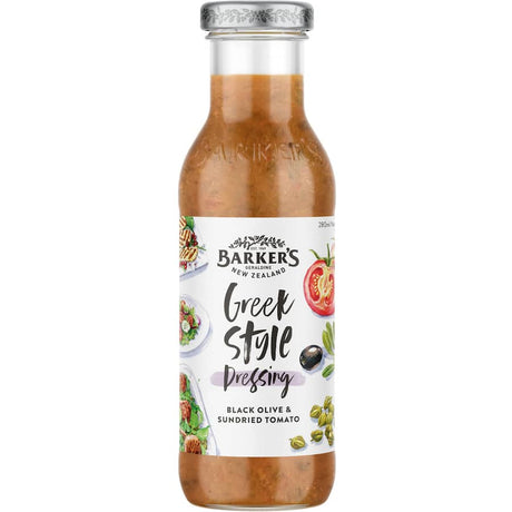 Barkers Dressing Greek Olive features a rich blend of olives for a flavorful Mediterranean dressing, ideal for salads and marinades.