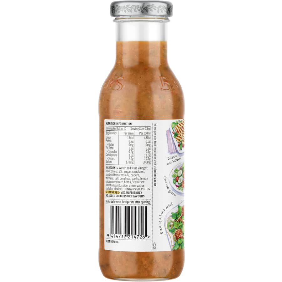 Barkers Dressing Greek Olive, a zesty blend of premium olives for salads, sandwiches, and marinades, packed with healthy fats.