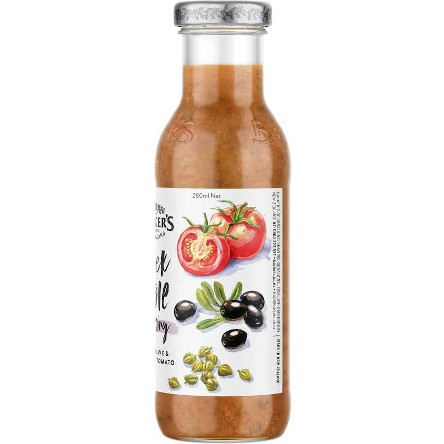 Barkers Dressing Greek Olive: Tangy blend of premium Greek olives ideal for salads, sandwiches, and marinades.