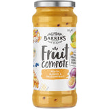 Barkers Fruit Compote with peach, mango, and passionfruit, perfect for breakfast or desserts, featuring tropical flavors.