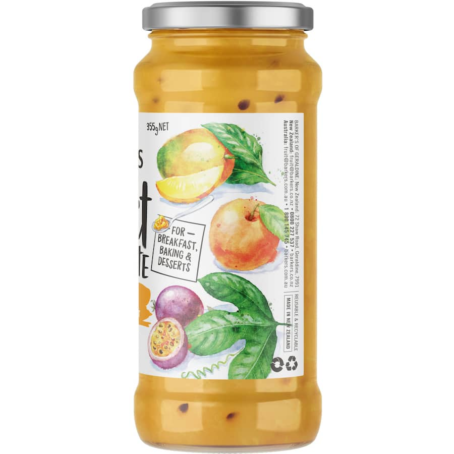 Barkers Fruit Compote Peach Mango Passionfruit in a jar, showcasing tropical fruits for breakfast and dessert toppings.