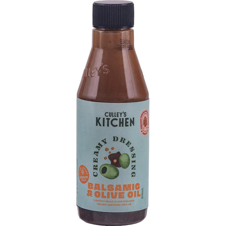 Culley's Balsamic & Olive Oil Dressing bottle featuring a vegan, gluten-free vinaigrette, perfect for salads and vegetables.