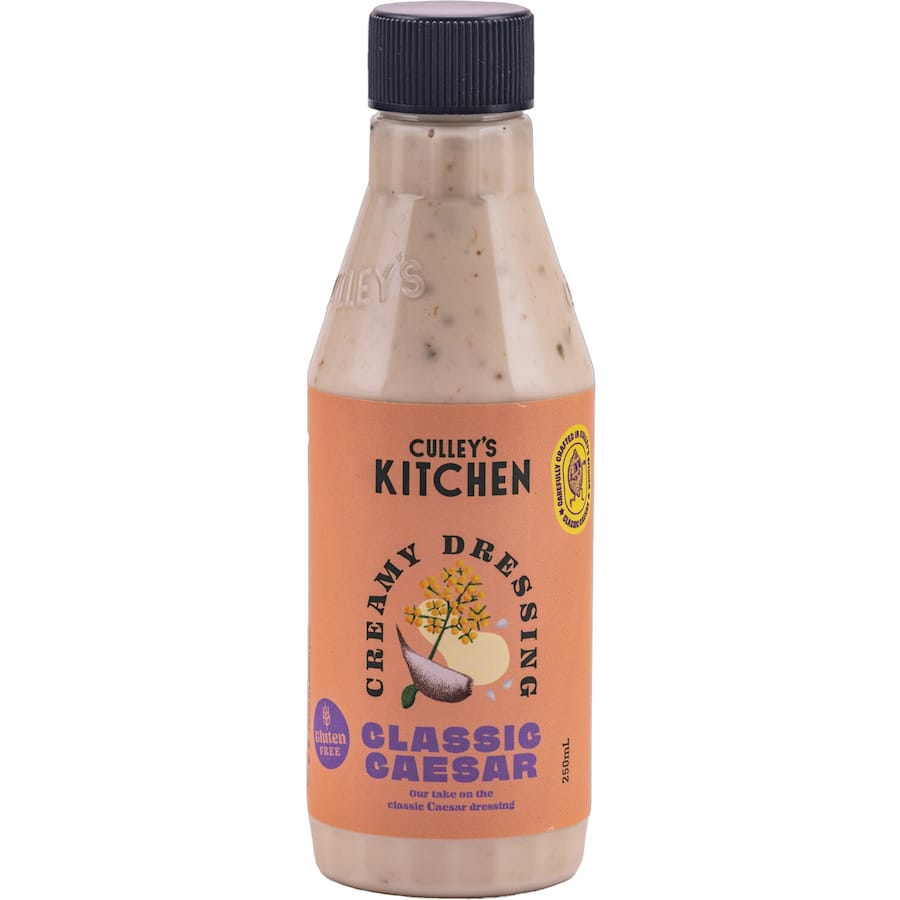 A bottle of Culleys Caesar Dressing, a vegan, gluten-free dressing made from plant-based ingredients in 100% recycled plastic.