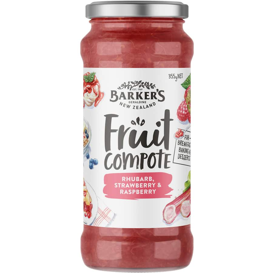 Barkers Fruit Compote featuring a blend of rhubarb, strawberries, and raspberries, perfect for spreads and desserts.