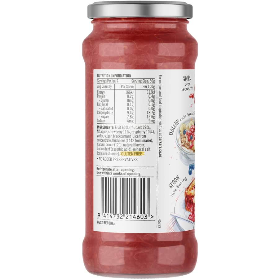 Barkers Fruit Compote featuring rhubarb, strawberry, and raspberry, ideal for spreading or drizzling over dishes.