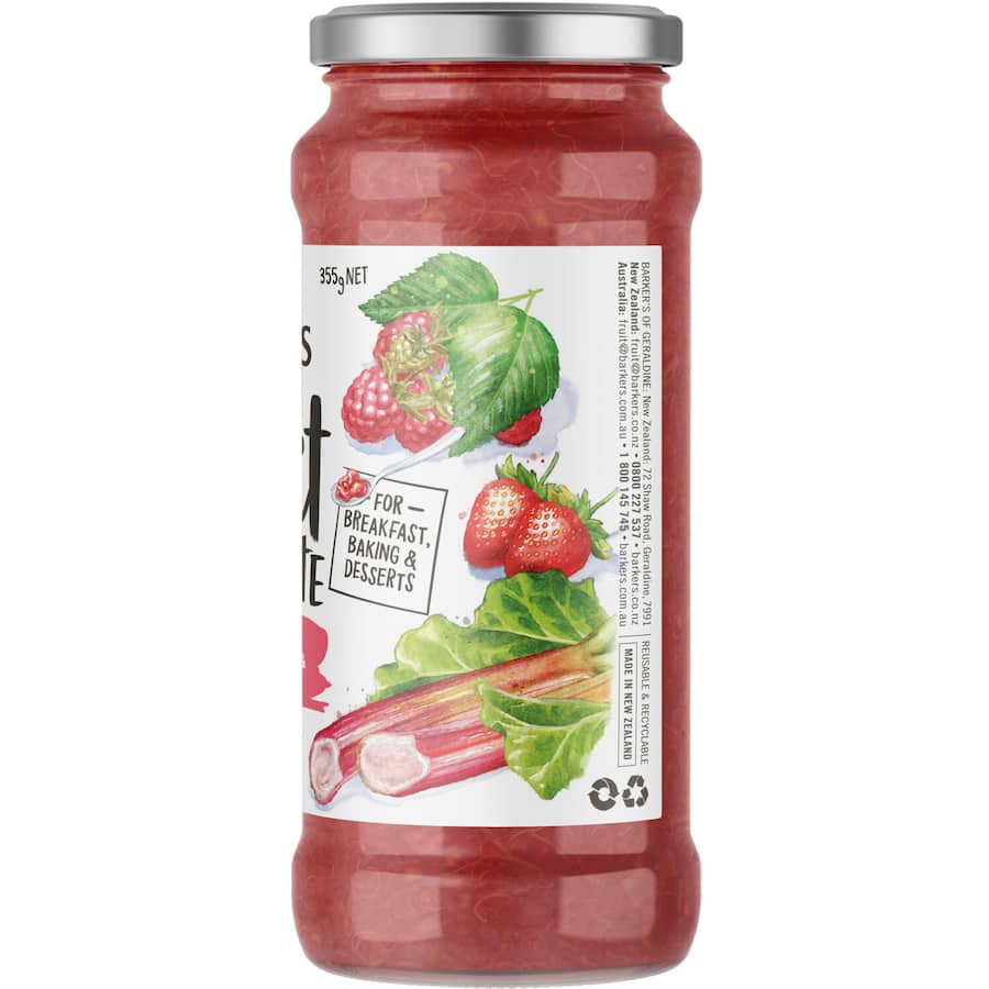 Barkers Fruit Compote features rhubarb, strawberry, and raspberry, perfect for spreading or drizzling over desserts.