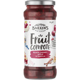 A jar of Barkers Fruit Compote featuring a blend of cherry, apple, and vanilla for a sweet and tart flavor experience.