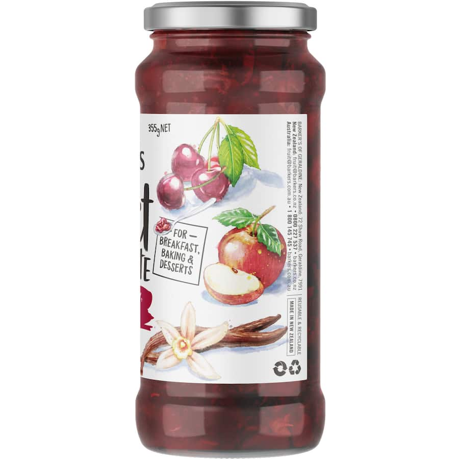 Barkers Fruit Compote Cherry Apple & Vanilla featuring a sweet-tart blend of cherries and apples with hints of vanilla.