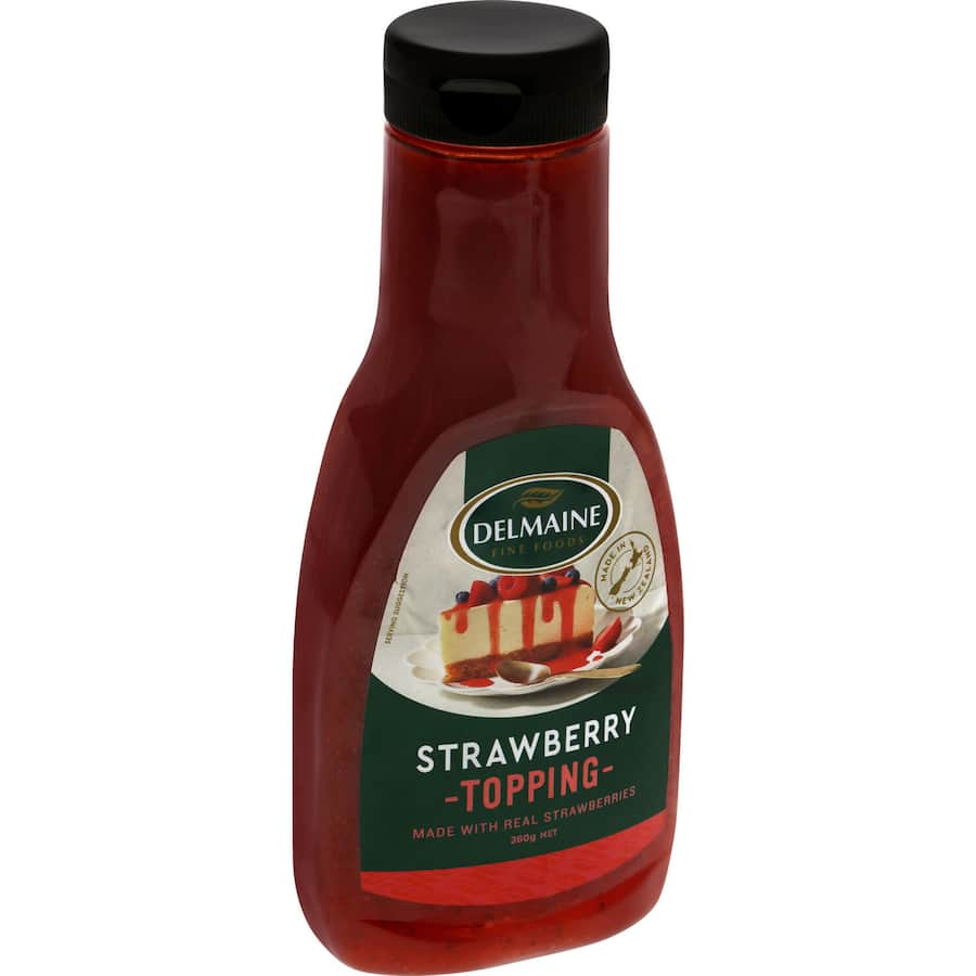 Delmaine Strawberry Topping: a rich, fruity sauce made with real strawberries, perfect for desserts and breakfast dishes.