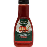 Delmaine Strawberry Topping with real strawberries, perfect for desserts and breakfast dishes like pancakes and ice cream.