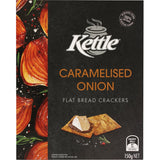 Kettle Crackers Flat Bread with Caramelised Onion: crunchy, gluten-free, vegan snacks with roasted onion flavor and red quinoa.