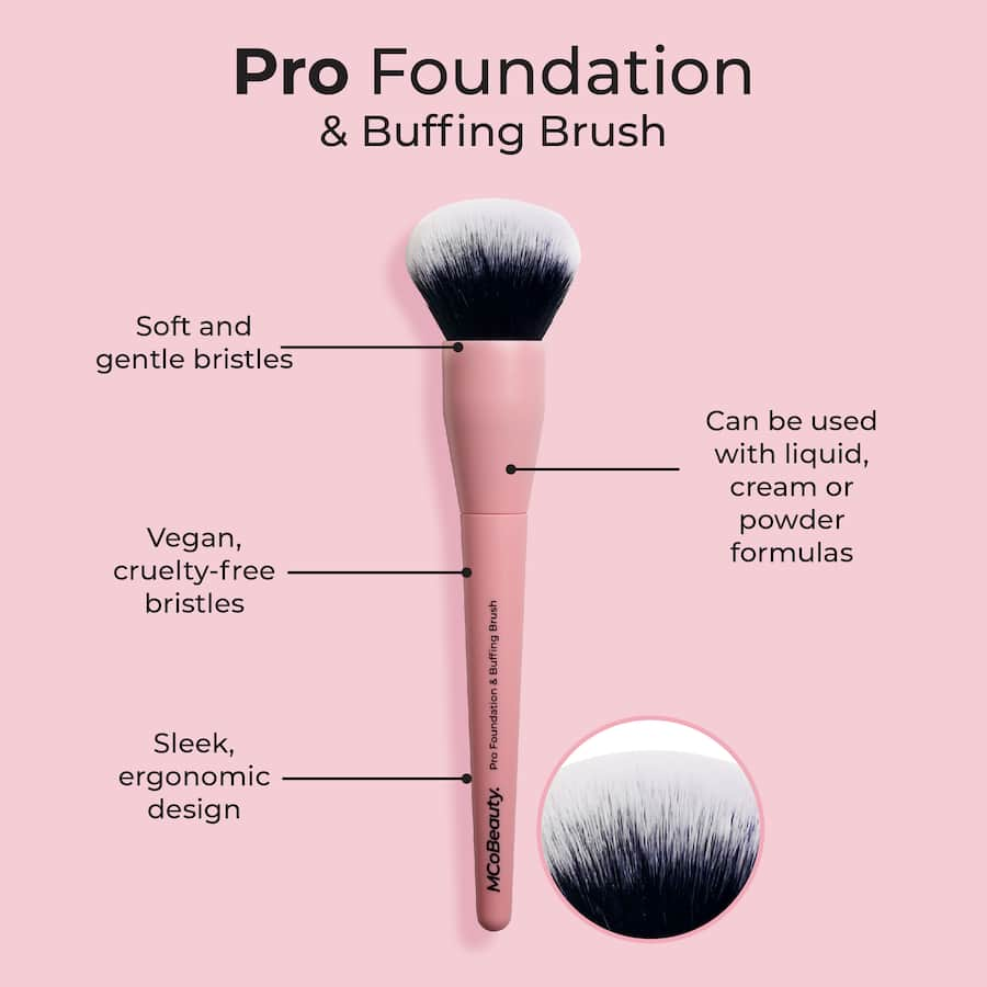 MCoBeauty Brush Pro Foundation & Buffing features a kabuki-style head for seamless blending of liquid, cream, or powder foundation.