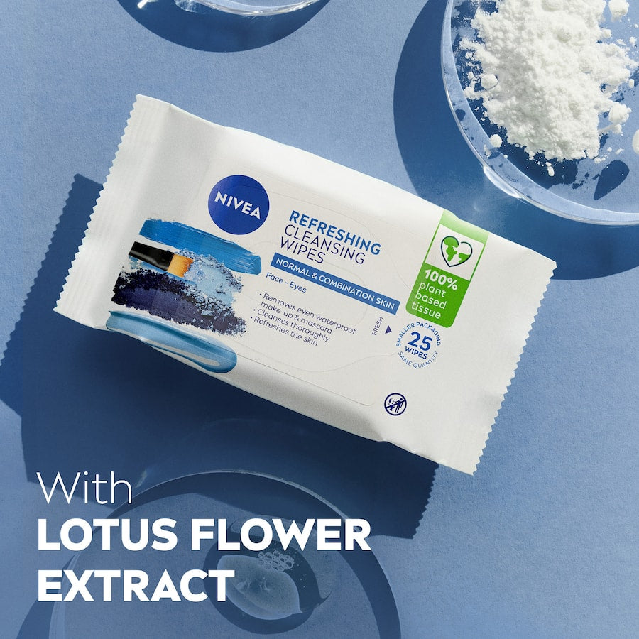 Nivea Visage Facial Wipes: Biodegradable cleansing wipes with Lotus Flower extract for normal/combination skin, effective makeup removal.