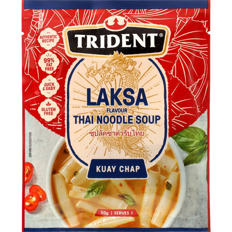 Trident Instant Soup Thai Laksa features gluten-free noodles in aromatic coconut milk with authentic Thai spices.