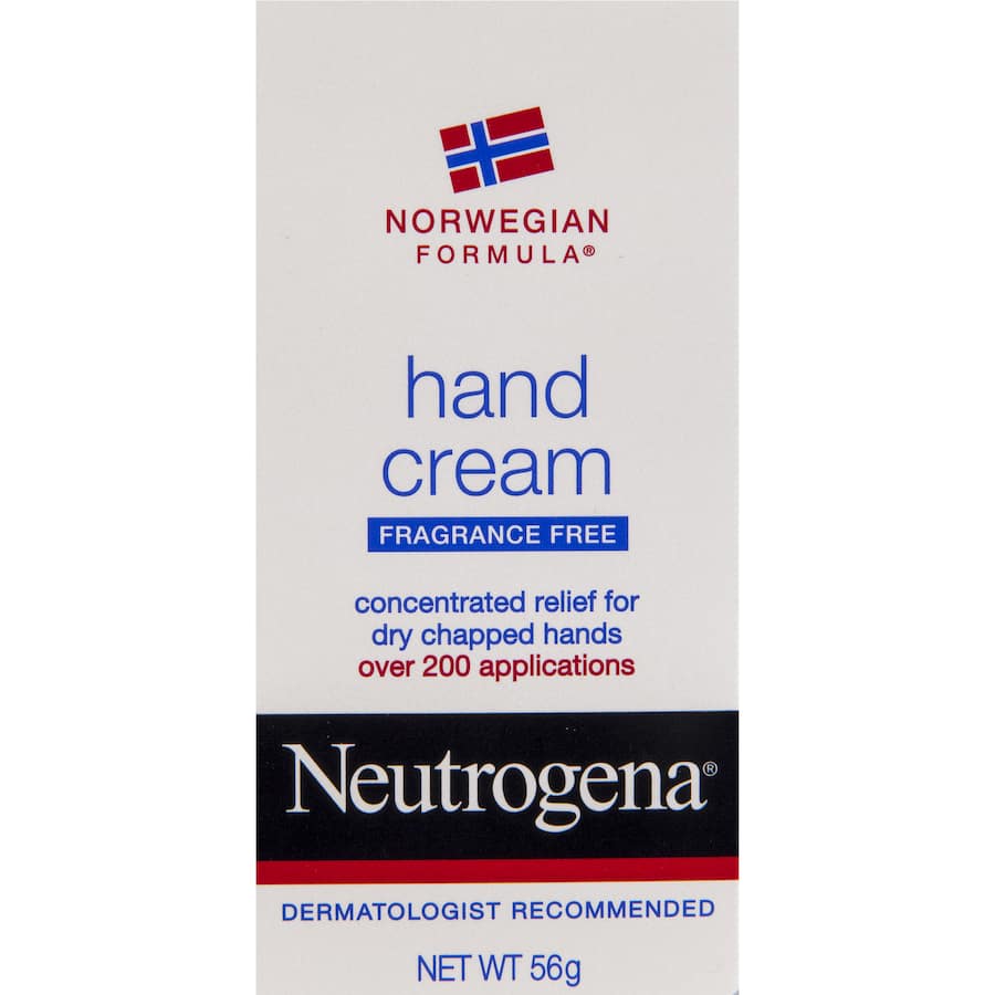 Neutrogena Norwegian Hand Cream tube, fragrance-free, enriched with glycerin for deep moisturizing and relief for dry hands.