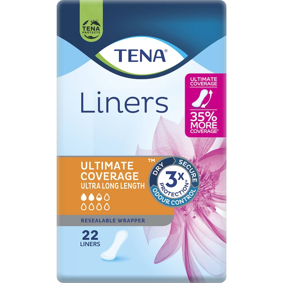 Tena Continence Liner Ultra Long, designed for light incontinence, offers extra length, comfort, and leak protection with odor control.