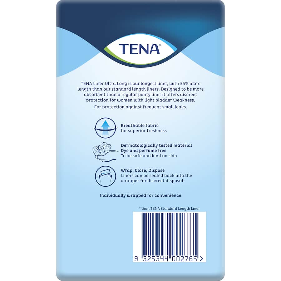 Ultra-long Tena Continence Liner for light incontinence, featuring 3x leak protection, odor control, and a comfortable, discreet fit.