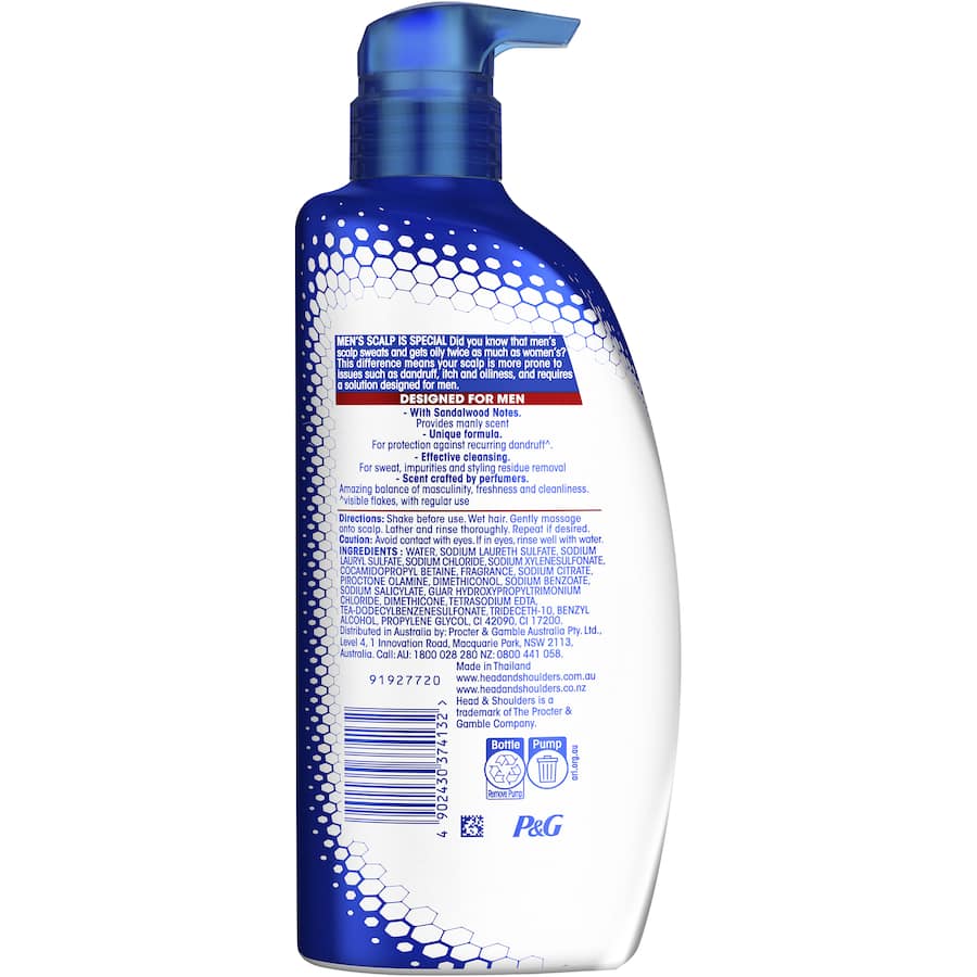 Men's anti-dandruff 2-in-1 shampoo and conditioner with Old Spice scent, detoxifies scalp and prevents flakes.