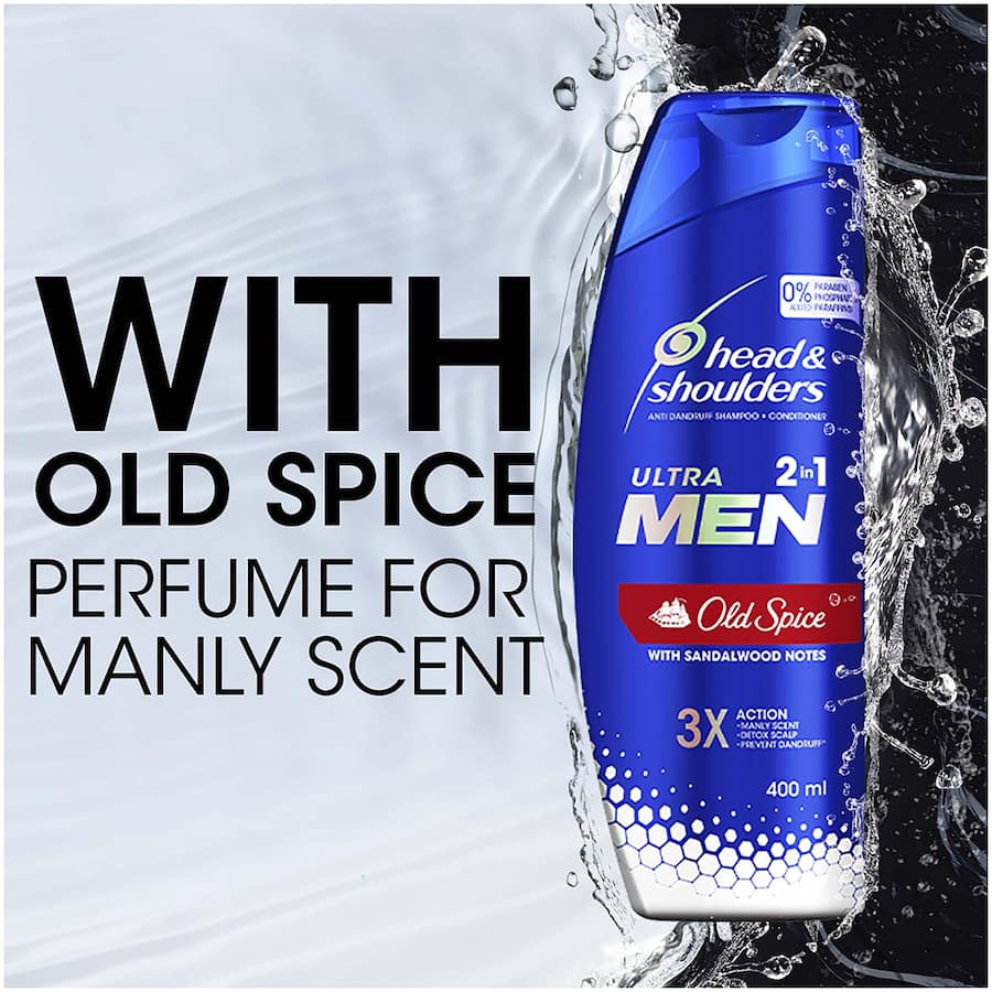 Head & Shoulders Ultra Men 2-in-1 Shampoo & Conditioner in Old Spice, expertly fights dandruff while providing a fresh sandalwood scent.