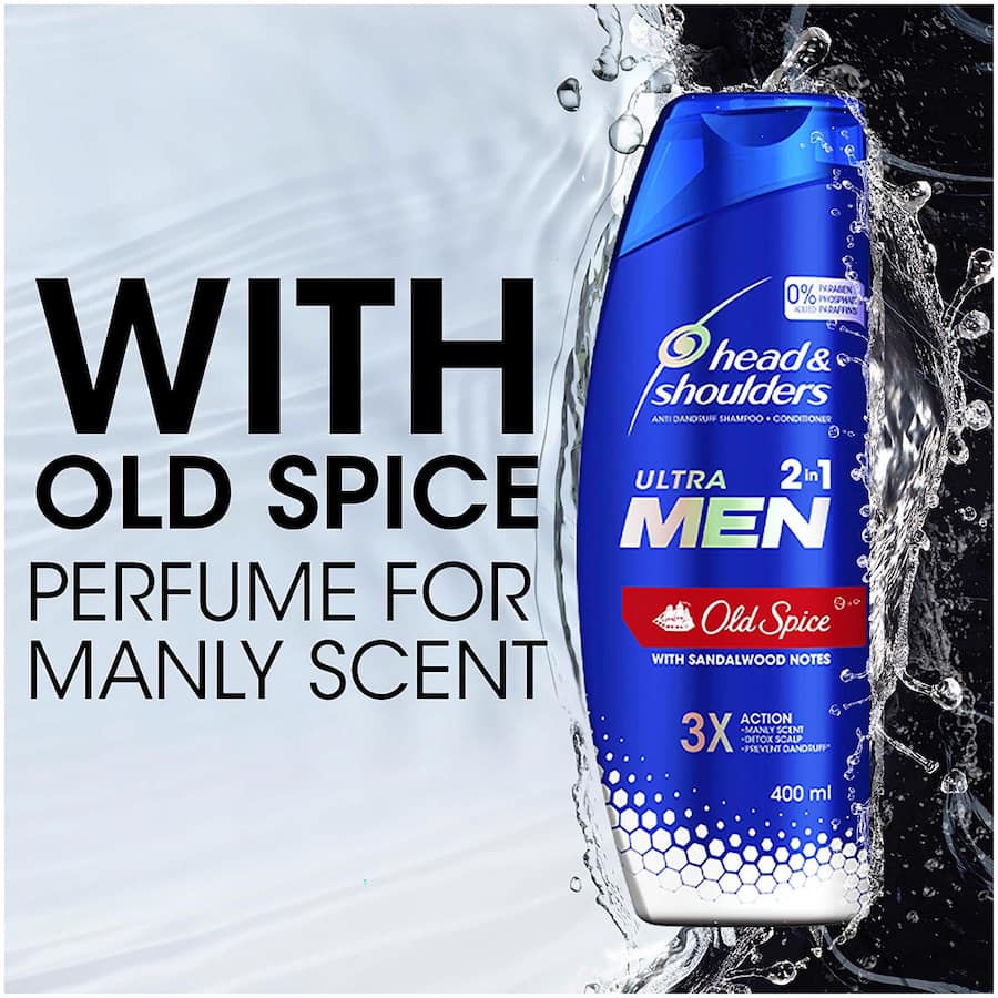 Head & Shoulders Ultra Men 2 In 1 Shampoo & Conditioner Old Spice, with sandalwood scent, combats dandruff and nourishes hair.