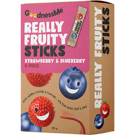 Goodnessme Really Fruity Fruit Sticks with strawberry and blueberry flavors, made of 70% real fruit, perfect for healthy snacking.