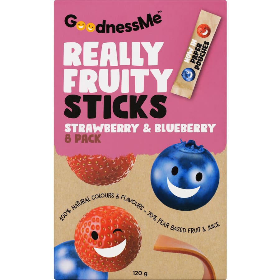 Goodnessme Really Fruity Fruit Sticks in Strawberry & Blueberry, made with 70% real fruit for a healthy, tasty snack.