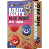 Pack of fruity snacks featuring sticks and nuggets made from 70% organic fruit and juice, ideal for on-the-go enjoyment.