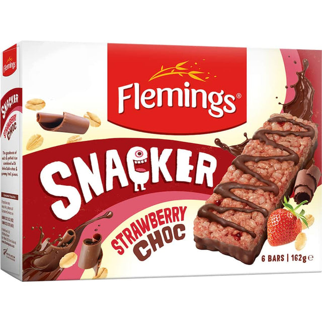 Flemings Snacker Muesli Bars Strawberry Choc, featuring oats and real strawberries coated in rich chocolate, perfect for healthy snacking.