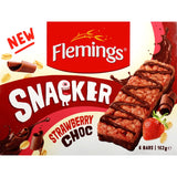 Flemings Snacker Muesli Bars featuring strawberry pieces and chocolate coating, ideal for healthy on-the-go snacking.