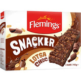 Flemings Snacker Muesli Bars Lotsa Choc: Chewy bars with puffed rice, oats, and rich chocolate, perfect for snacking on-the-go.