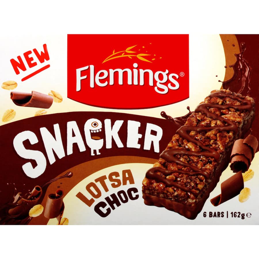 Flemings Snacker Muesli Bars Lotsa Choc, featuring oats, puffed rice, and rich chocolate for a delicious, nutritious snack.