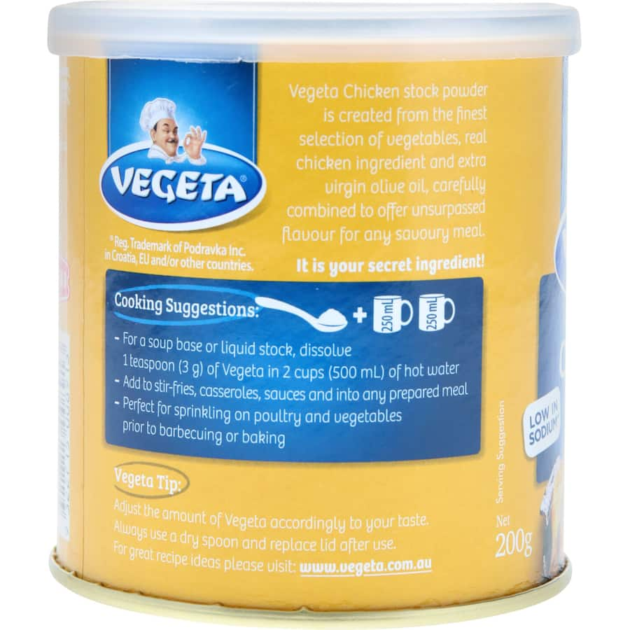 Vegeta Chicken Stock Powder: a versatile seasoning for soups and sauces, enhancing dishes with rich, wholesome chicken flavor.