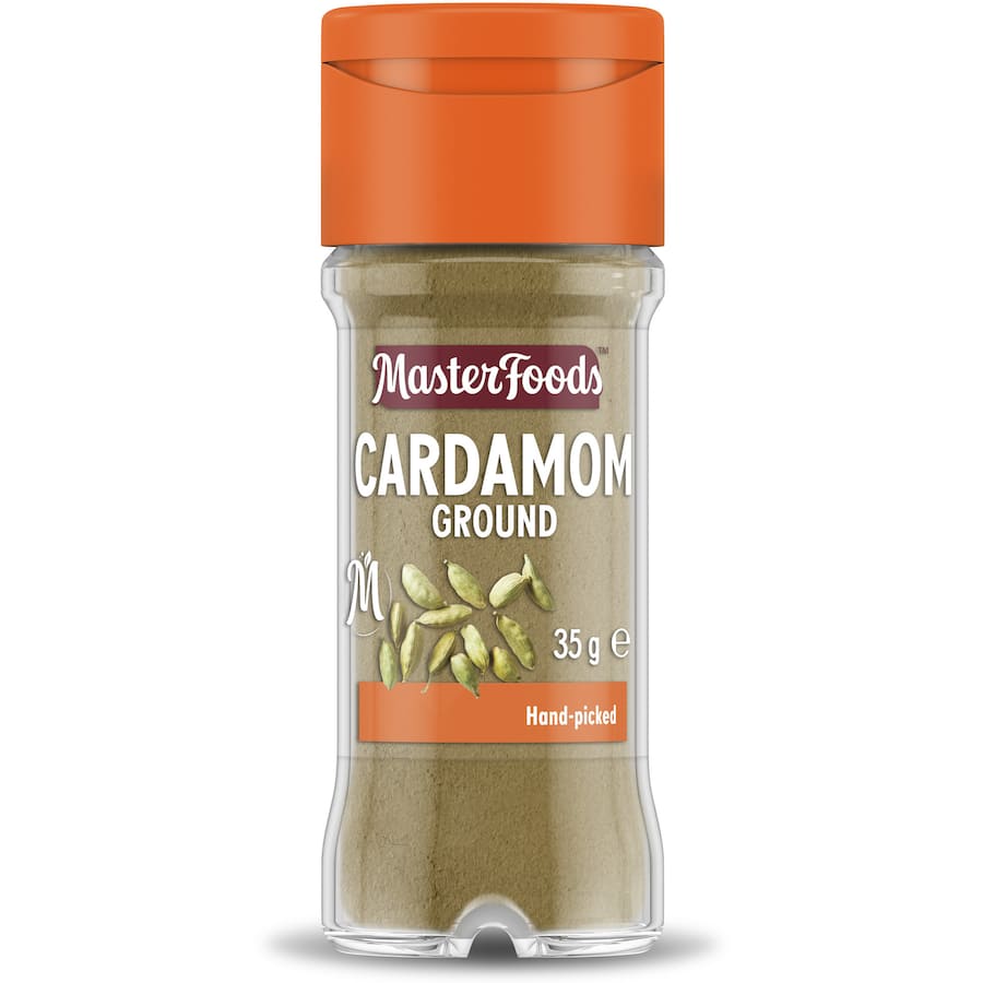 A glass shaker jar of Masterfoods Ground Cardamom, a warm and aromatic spice for enhancing savory and sweet dishes.