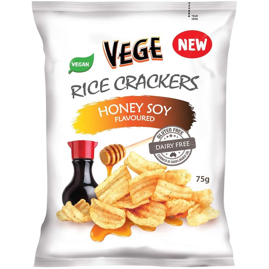 Crunchy Vege Chips Rice Crackers in Honey Soy flavor, gluten-free and perfect for healthy snacking or entertaining.