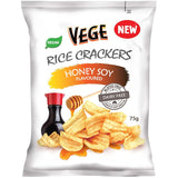 Crunchy Vege Chips Rice Crackers in Honey Soy flavor, gluten-free and perfect for healthy snacking or entertaining.