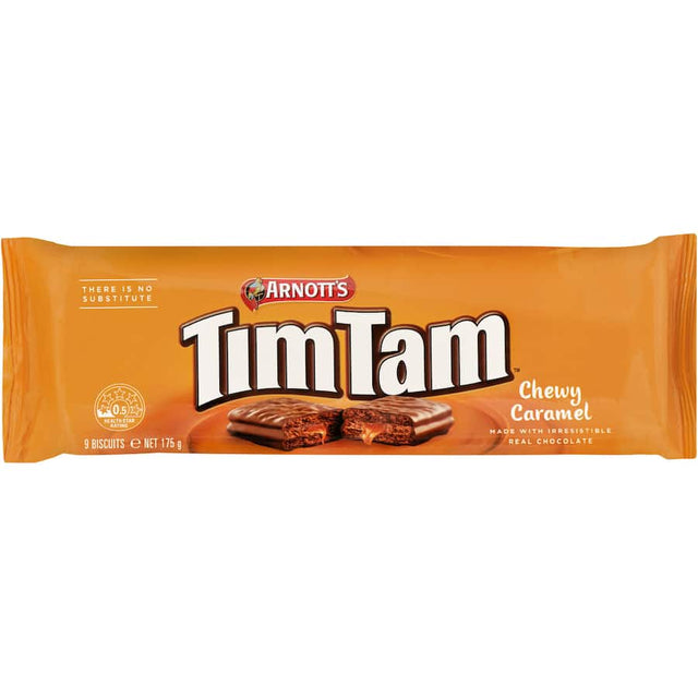 Arnotts Tim Tam biscuits with chewy caramel, featuring crunchy chocolate layers and a rich milk chocolate coating.